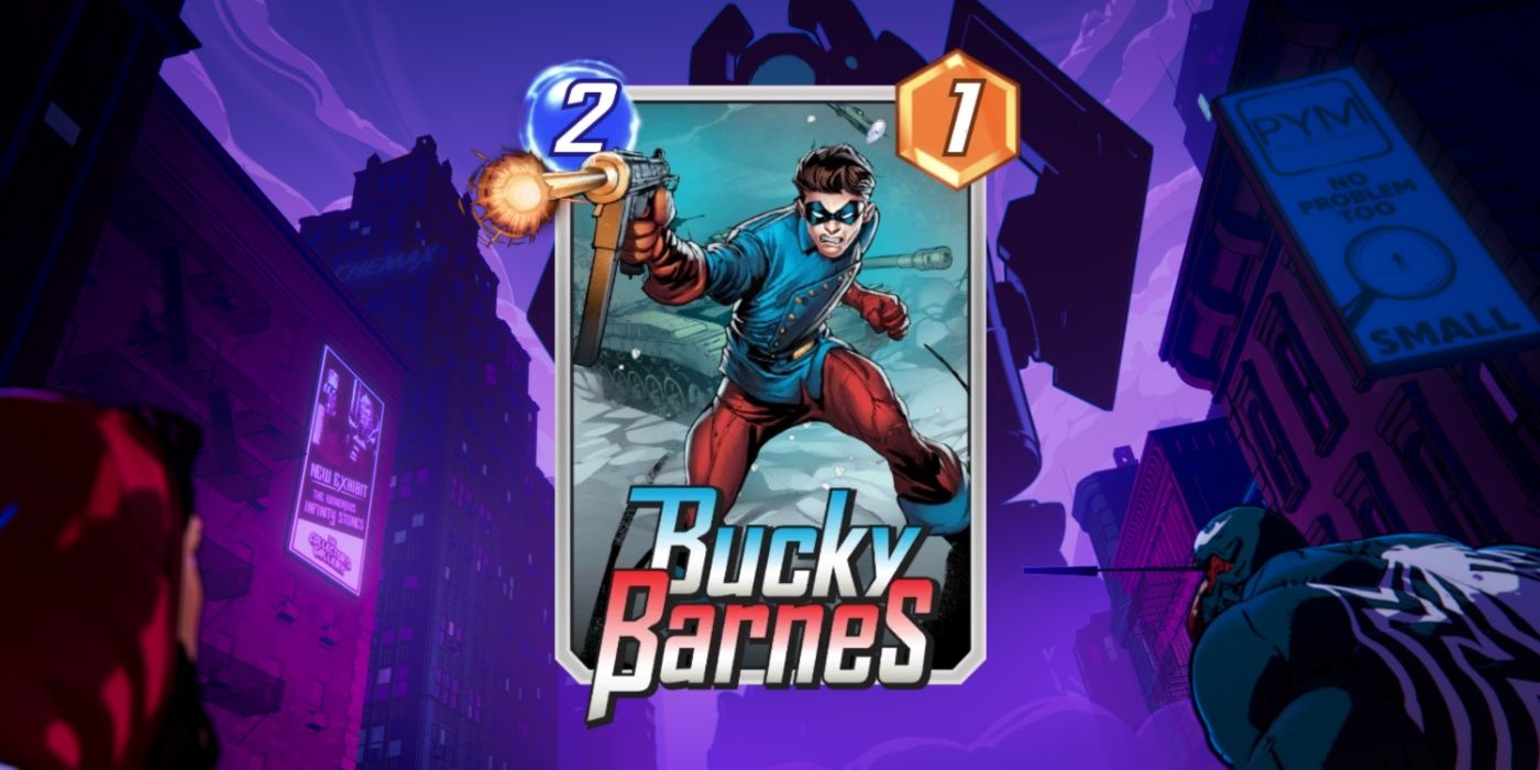 Cartão Marvel Snap de Bucky Barnes em um fundo promocional.