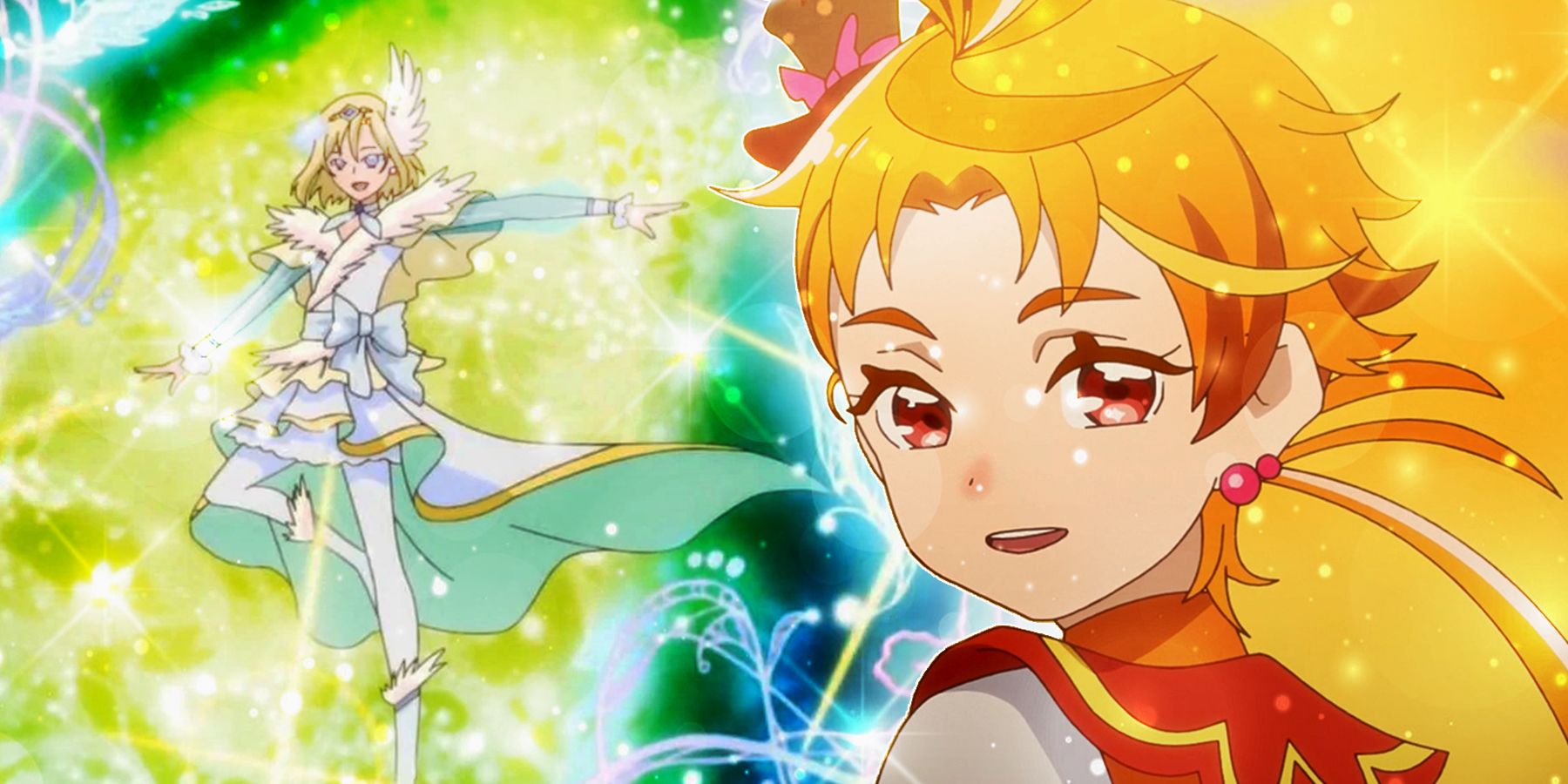 On the right, Wing from 'Hirogaru Sky' smiles and looks over their shoulder. On the left, Cure Infini from 'HUG! Precure' floats in the air among rays of light.