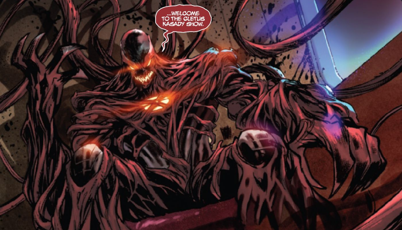 Cletus Kasady sentado em Gore enquanto em forma de simbionte