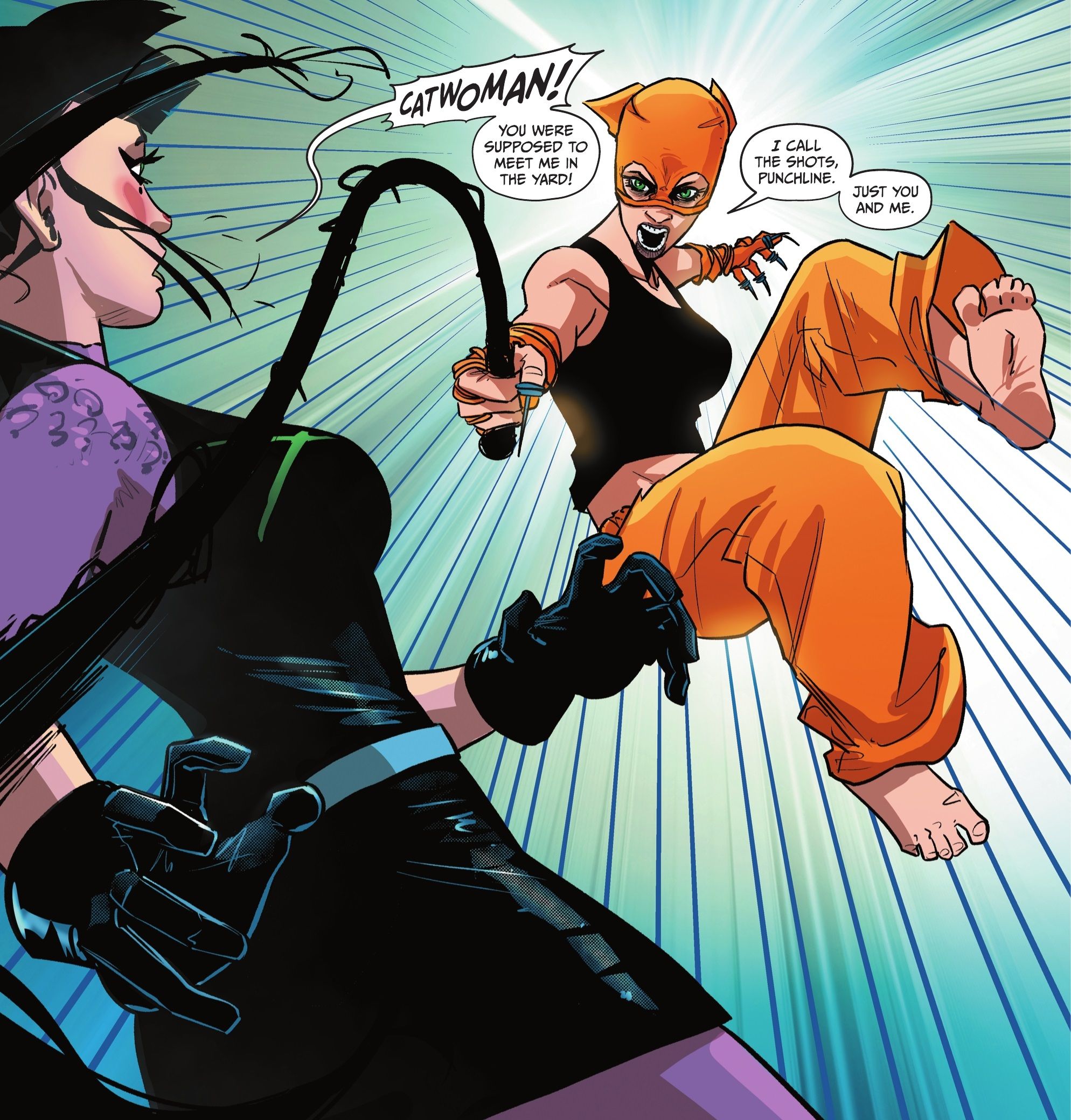 Catwoman luta Punchline, usando um chicote improvisado e fantasia