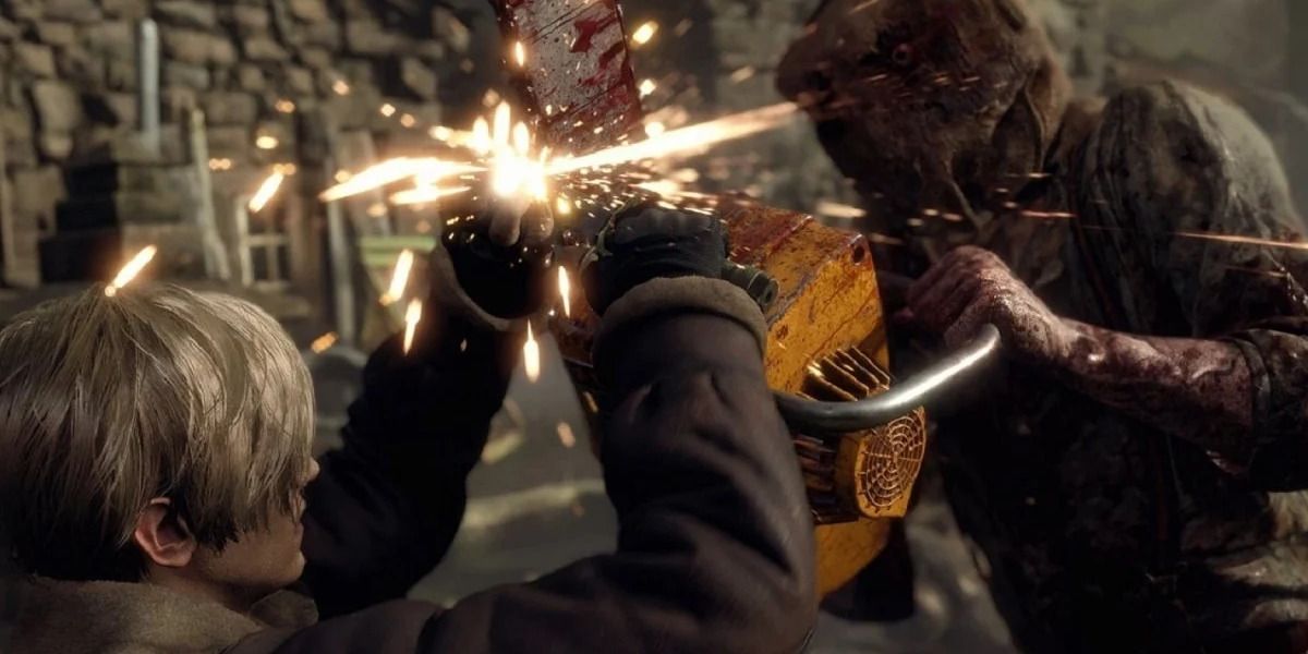 Resident Evil 4 Remake: Leon defende um ataque de motosserra com sua faca.