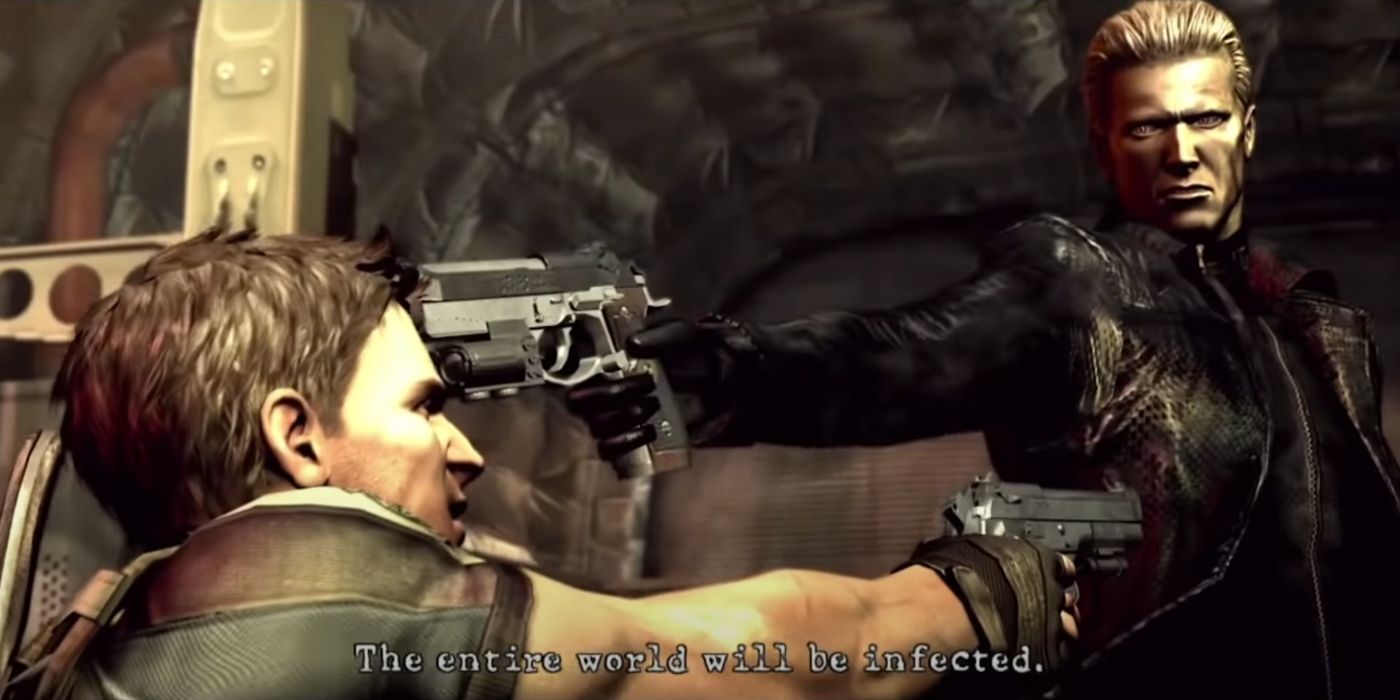 Chris Redfield e Albert Wesker apontando armas um para o outro em Resident Evil 5