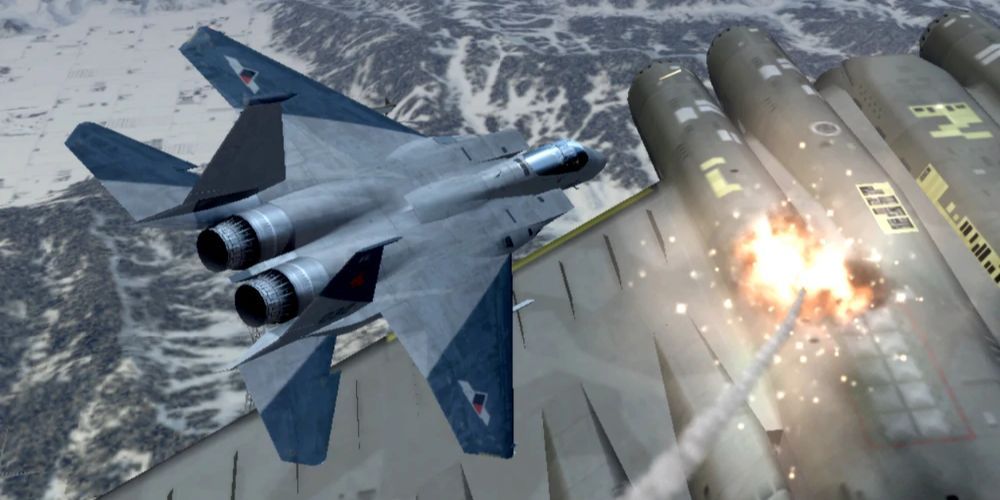 Cipher voando em seu F-15C Eagle em Ace Combat Zero