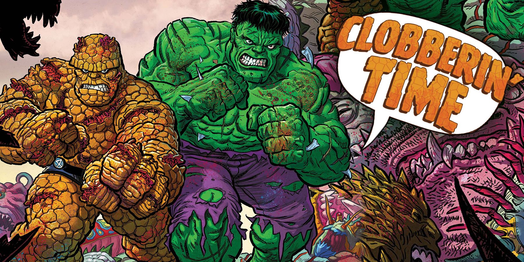 On the left, the Thing and the Hulk both stand with fists at the ready and gritted teeth. On the right, a speech bubble shows 'Clobberin' Time' with a pile of fallen enemies behind it.