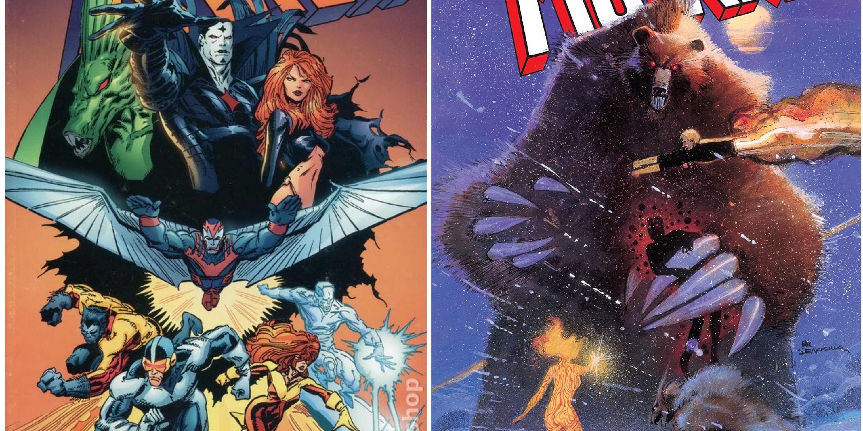 Inferno cover featuring N'astirh, Mister Sinister, and Madelyne Pryor over the original X-Factor (left) and the Demon Bear by Bill Sienkiewicz fighting Sunspot, Cannonball, and Magma (right)