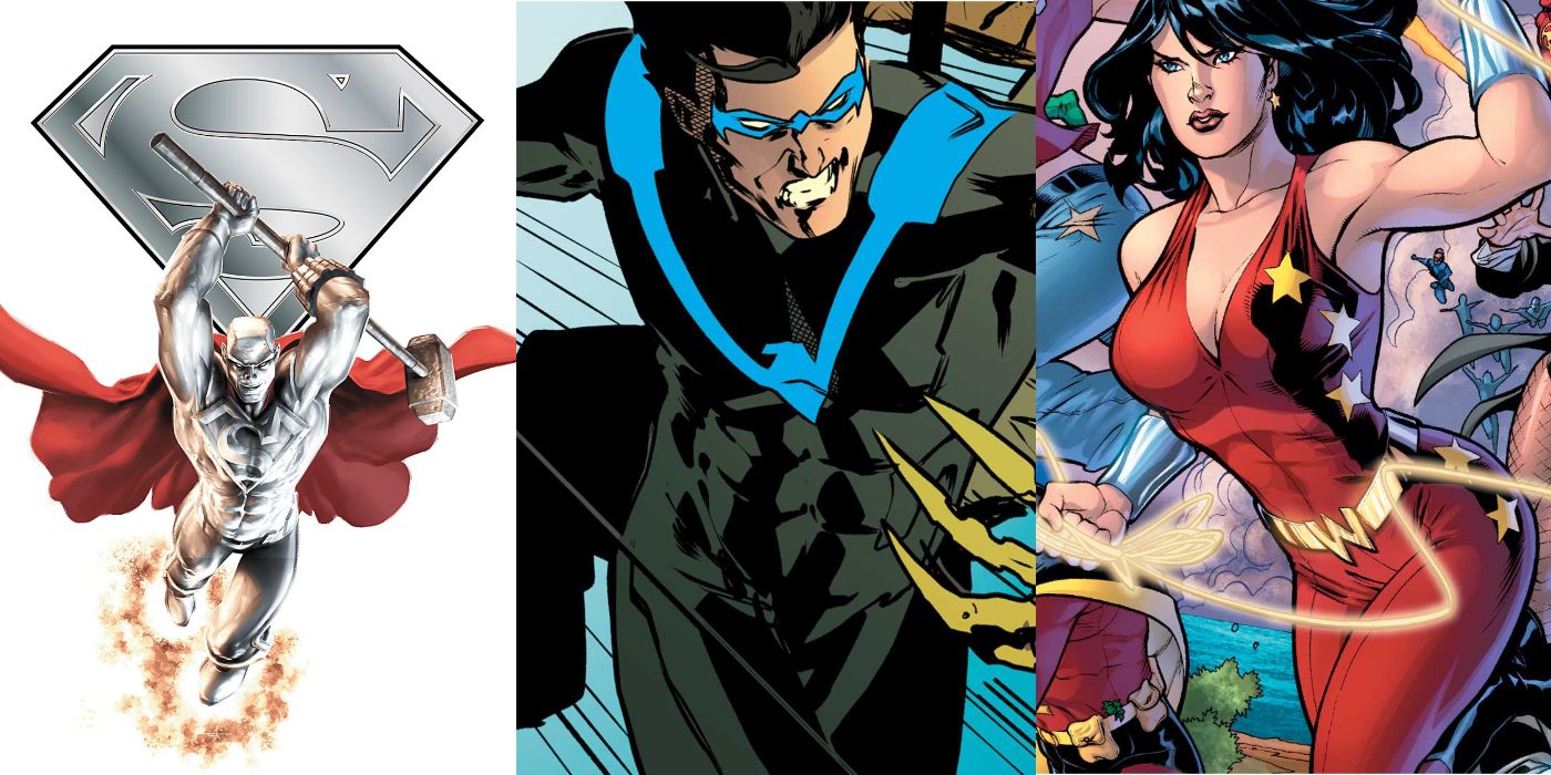 A split image of Steel, Nightwing, and Donna Troy from DC Comics