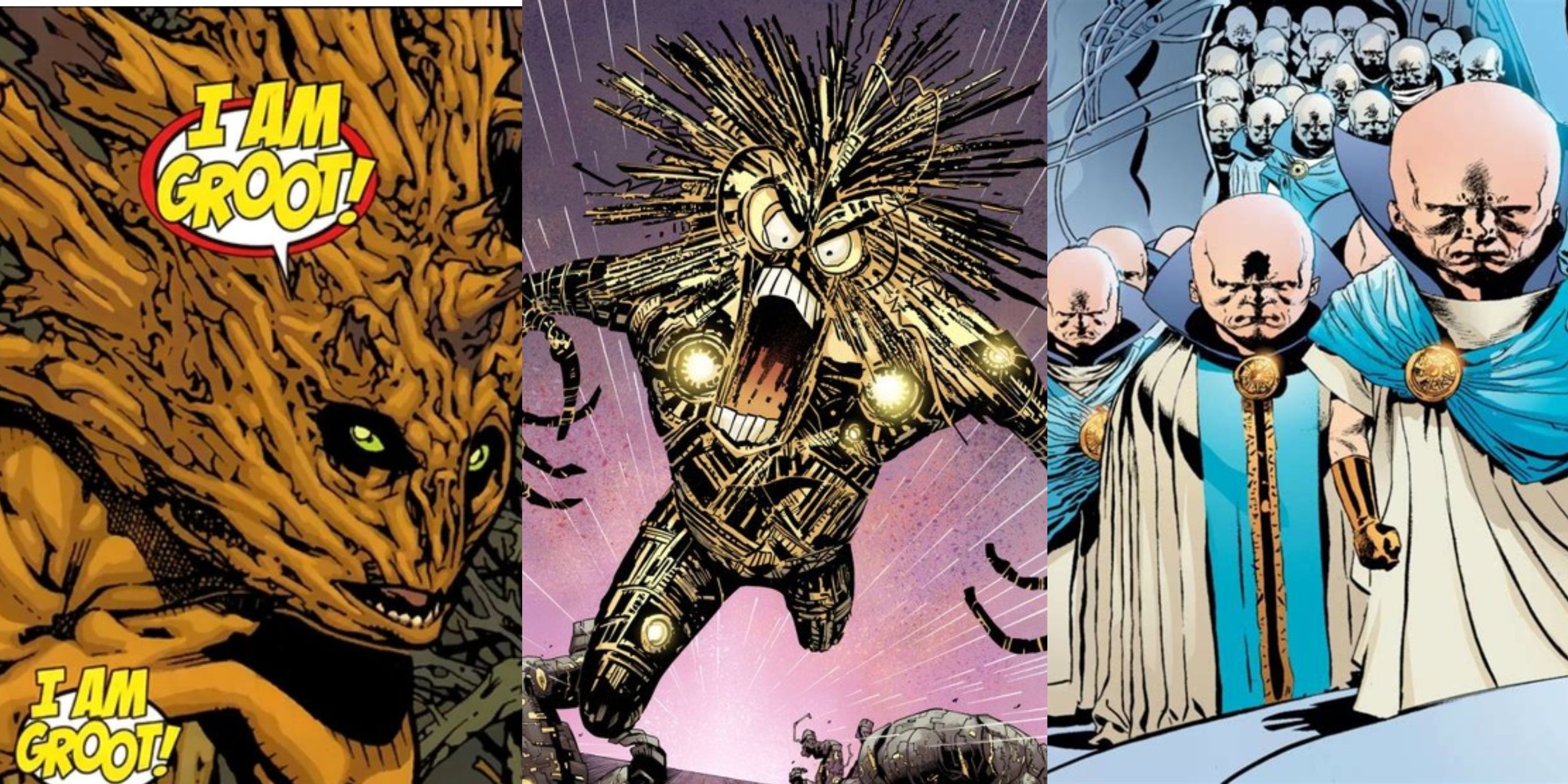 Split image of Flora colossus of Groot, Warlock attacks, and Watchers in Marvel Comics