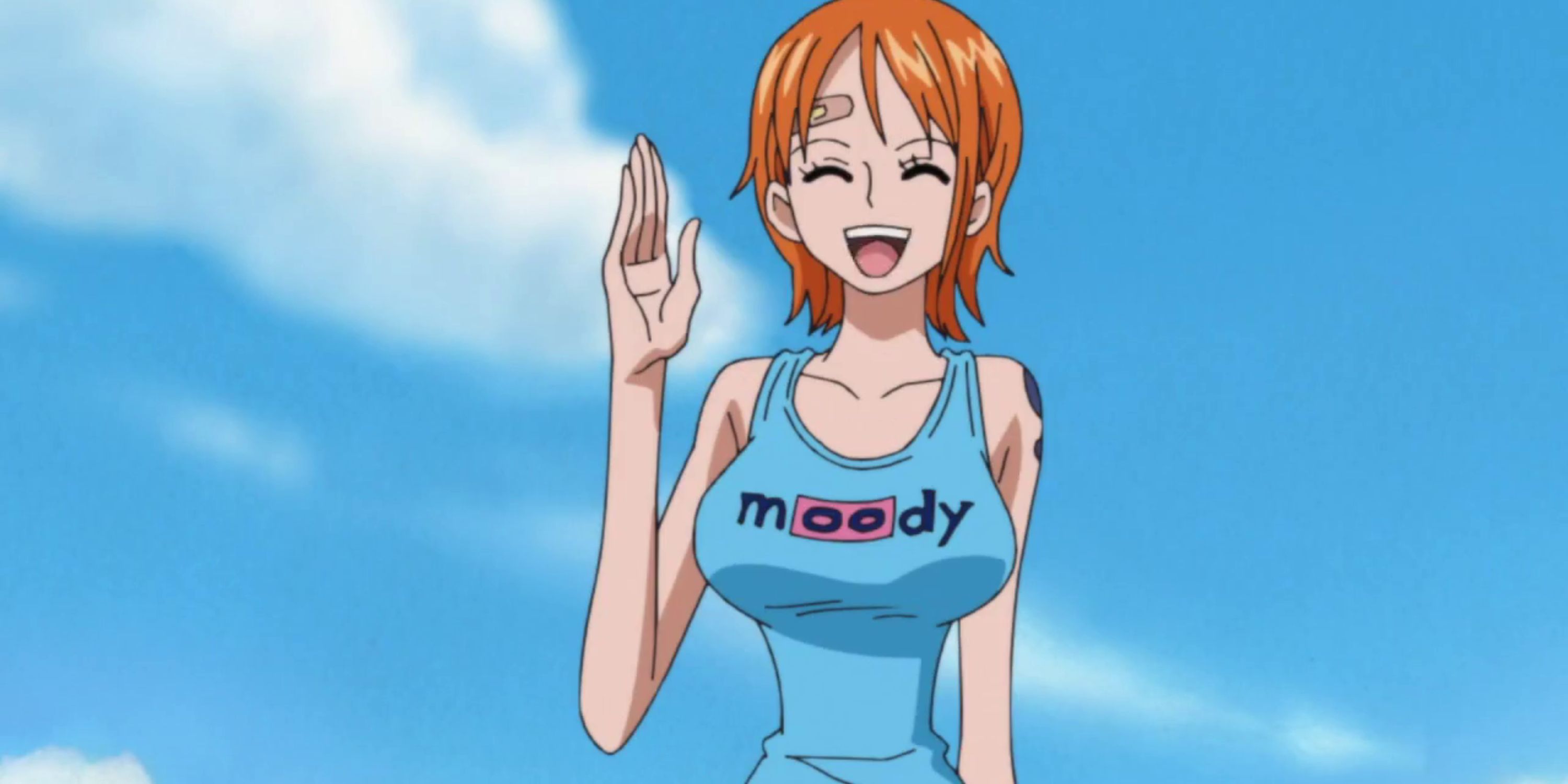 Nami in "moody" shirt during One Piece's Post-War arc.