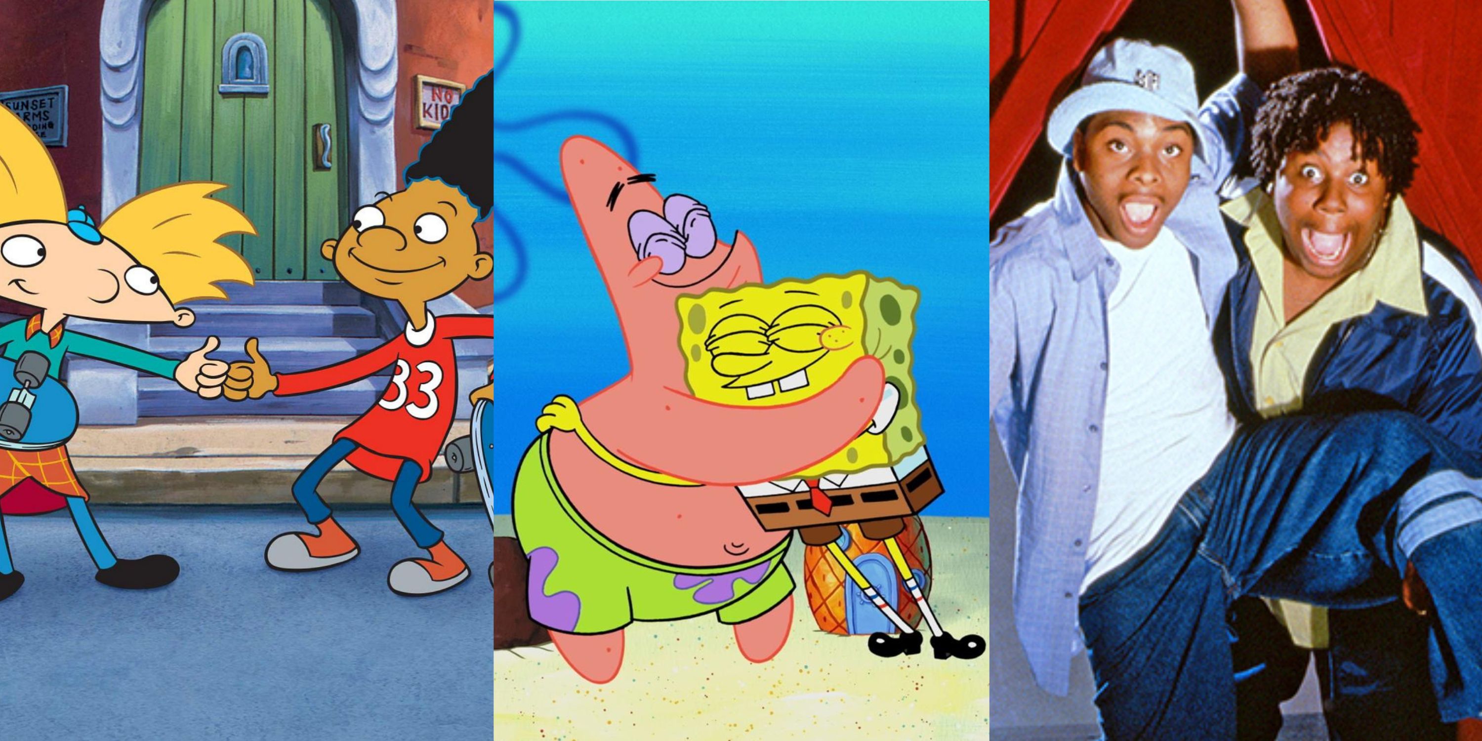 Split image of the friends from Hey Arnold, Spongebob Squarepants, Kenan & Kel