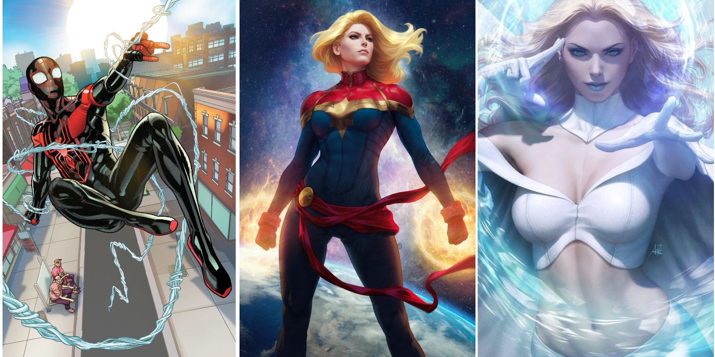 A split image of Miles Morales as Spider-Man, Captain Marvel, and Emma Frost from Marvel Comics