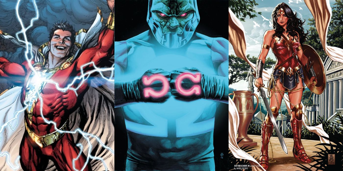 Split image of Shazam, Darkseid with the Anti-Life Equation in Final Crisis, and Wonder Woman in Themyscira