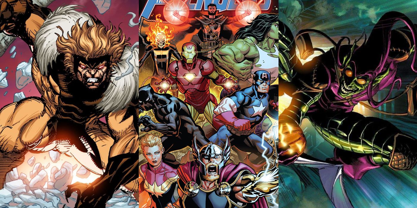 A split image of Sabretooth, the Avengers, and Green Goblin from Marvel Comics