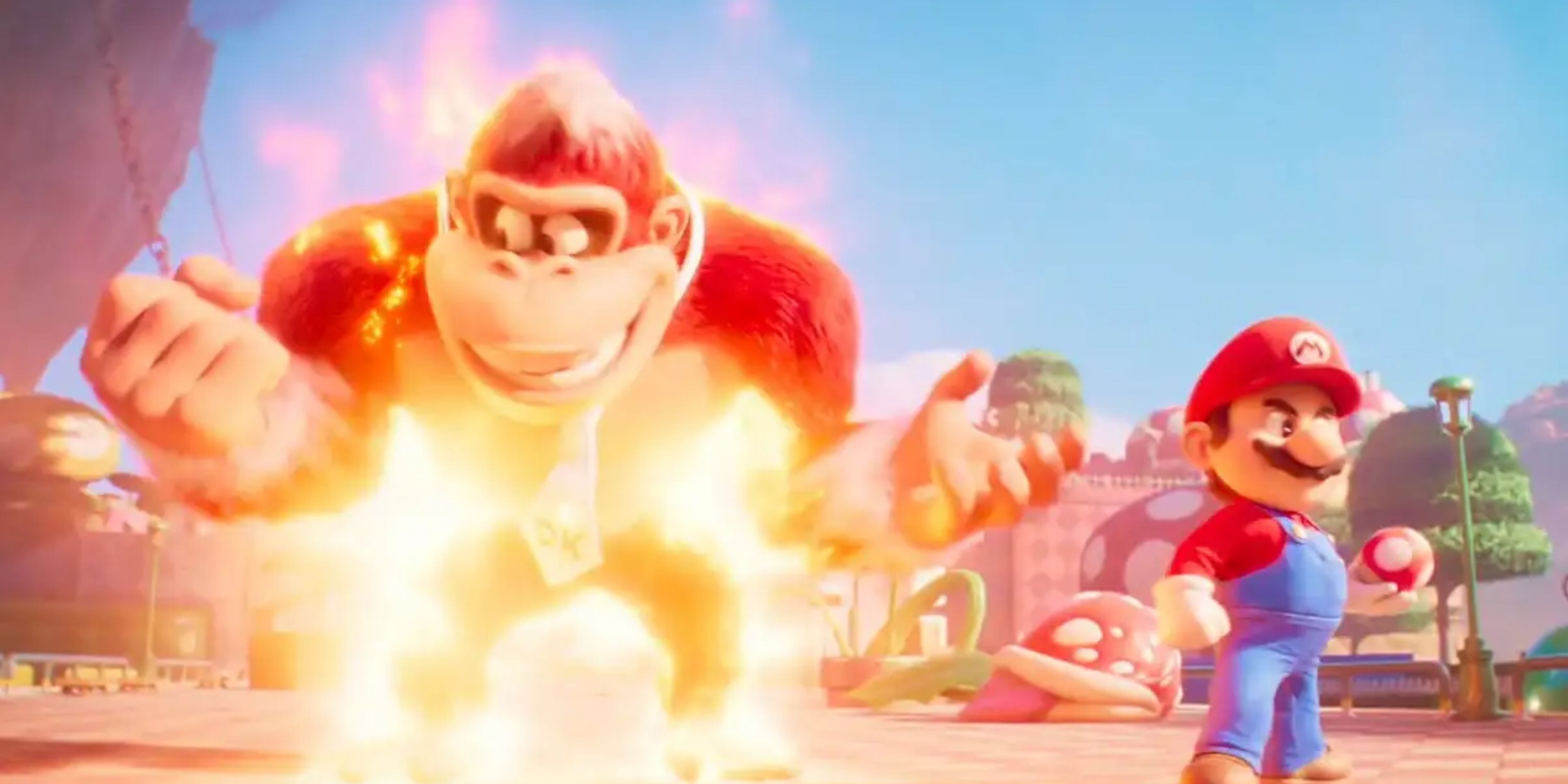 Donkey Kong brilhando com poder de fogo enquanto Mairo segura cogumelo ao lado dele