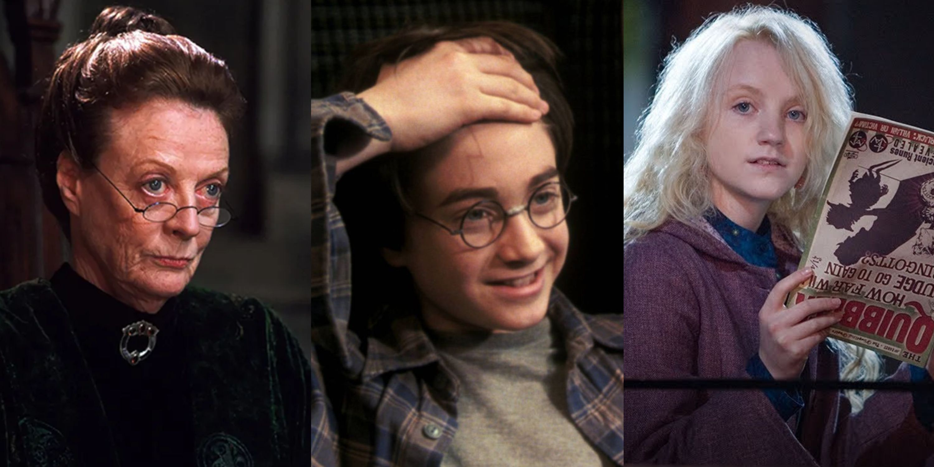 Split image of Minerva looking right, a young Harry smiling while showing his scar, and Luna Lovegood looking up from reading the Quibbler