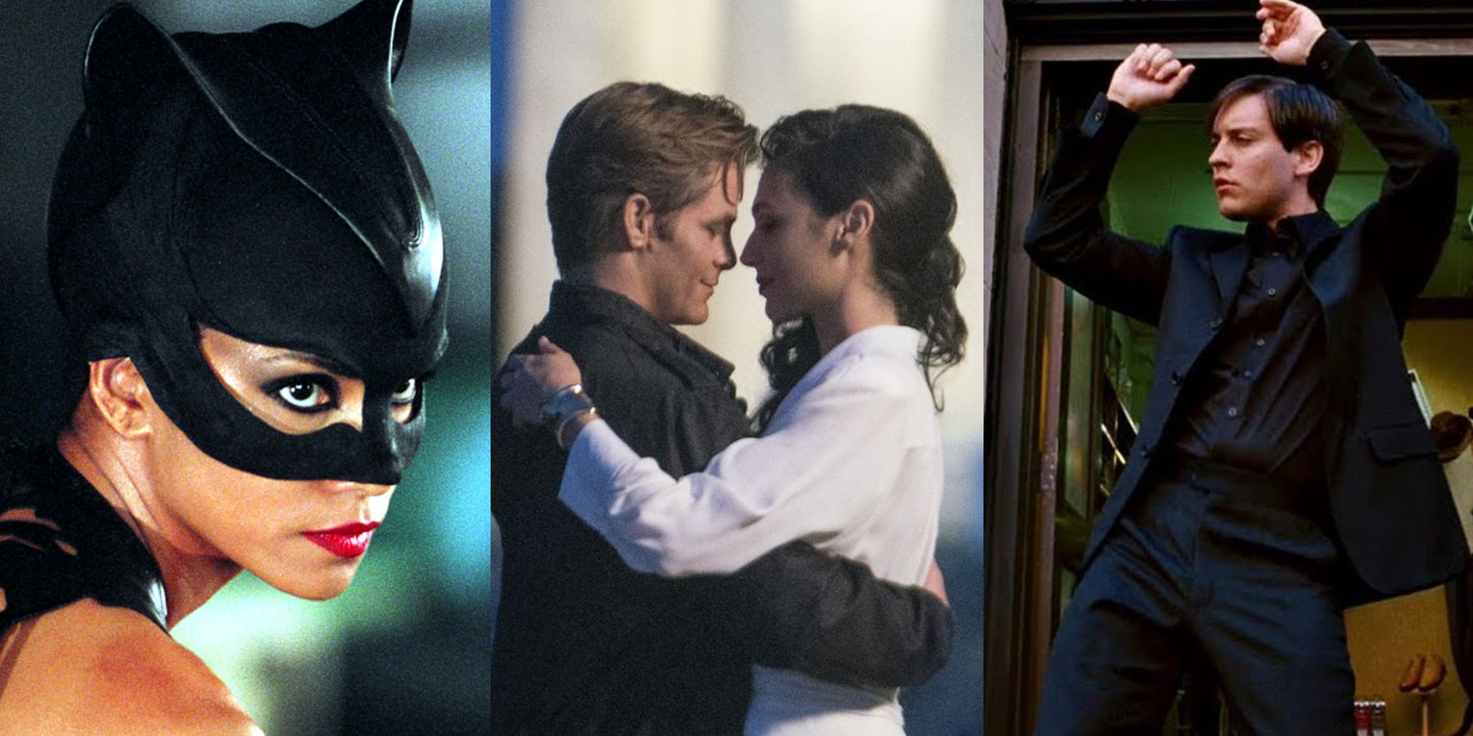 Split image of Catwoman looking right, Steve and Diana hugging, and Peter dancing in a black suit