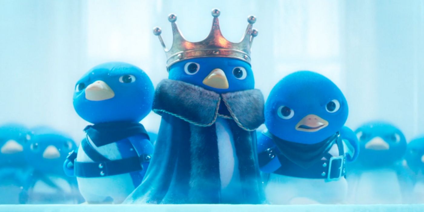 King Penguin com seus soldados prontos para lutar contra Bowser no filme Super Mario Bros.