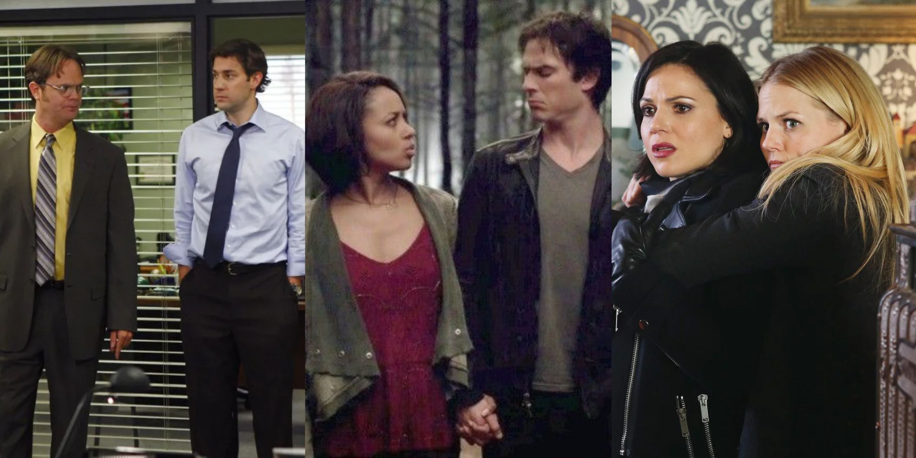 Split image of Jim and Dwight standing, Bonnie and Damon holding hands, and Emma hugging Regina
