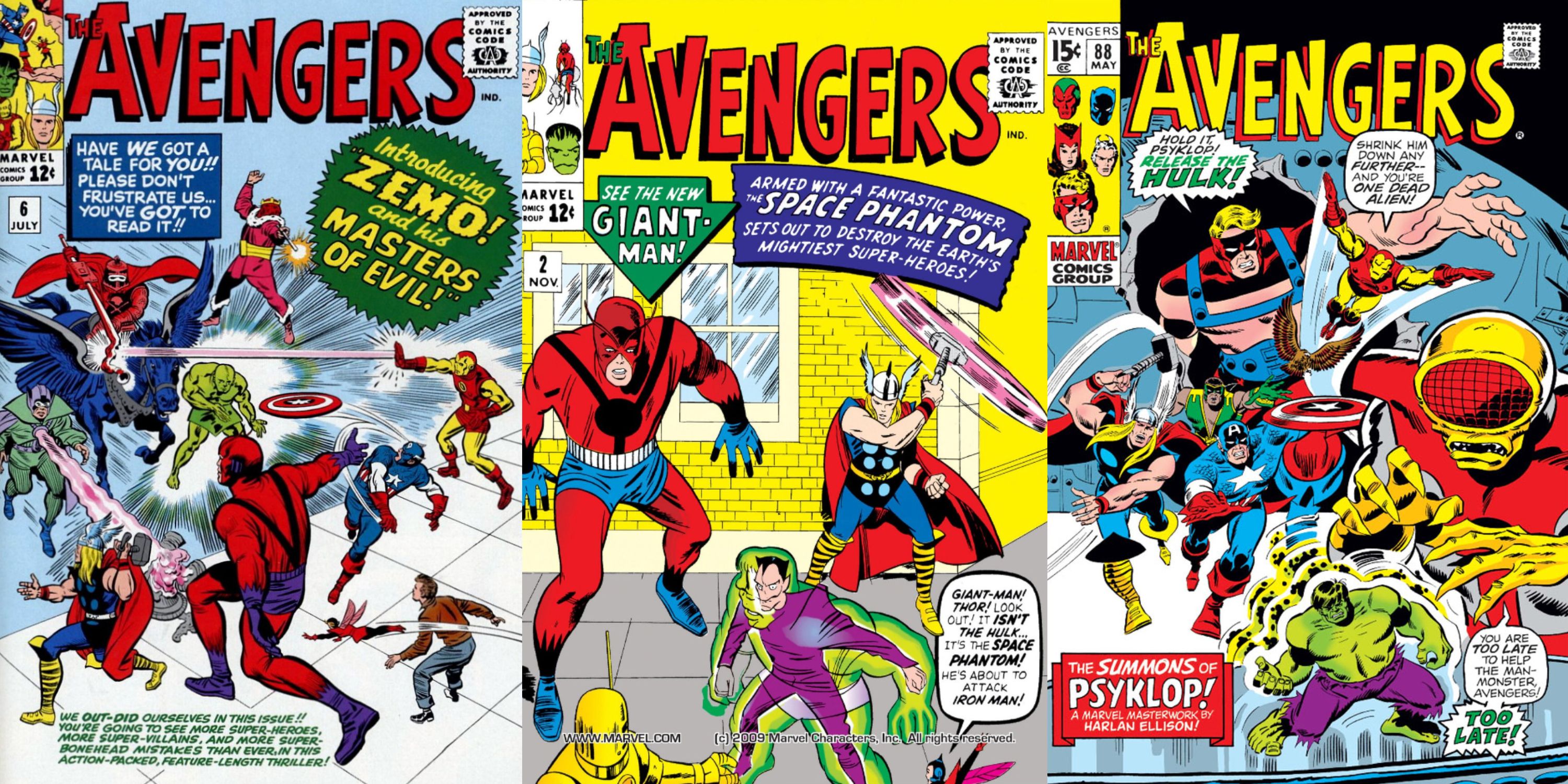 Left to right: the cover to Avengers 6 featuring the Avengers battling the Masters of Evil, the cover to Avengers 2 featuring the Avengers battling the Space Phantom, and the cover to Avengers 88 featuring the Avengers rushing Psyklop