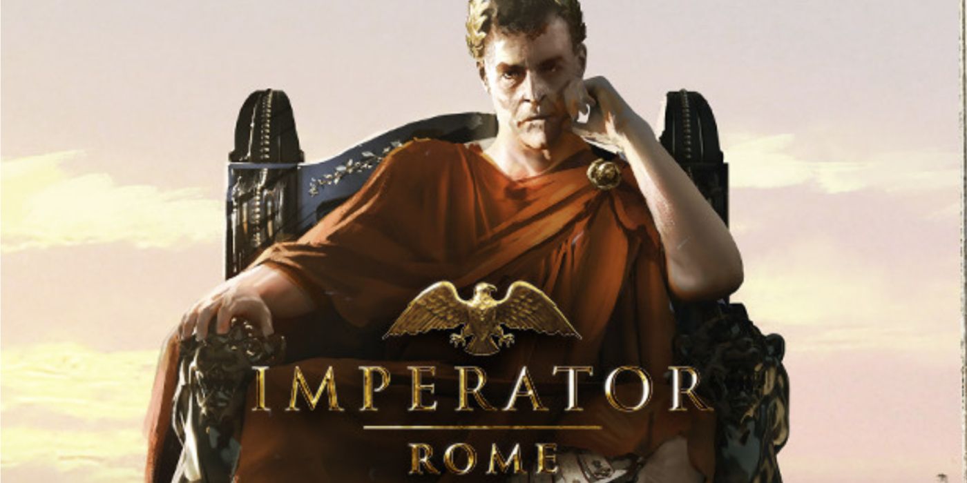 Imperador Romano sentado em um trono com Imperator Rome escrito em ouro