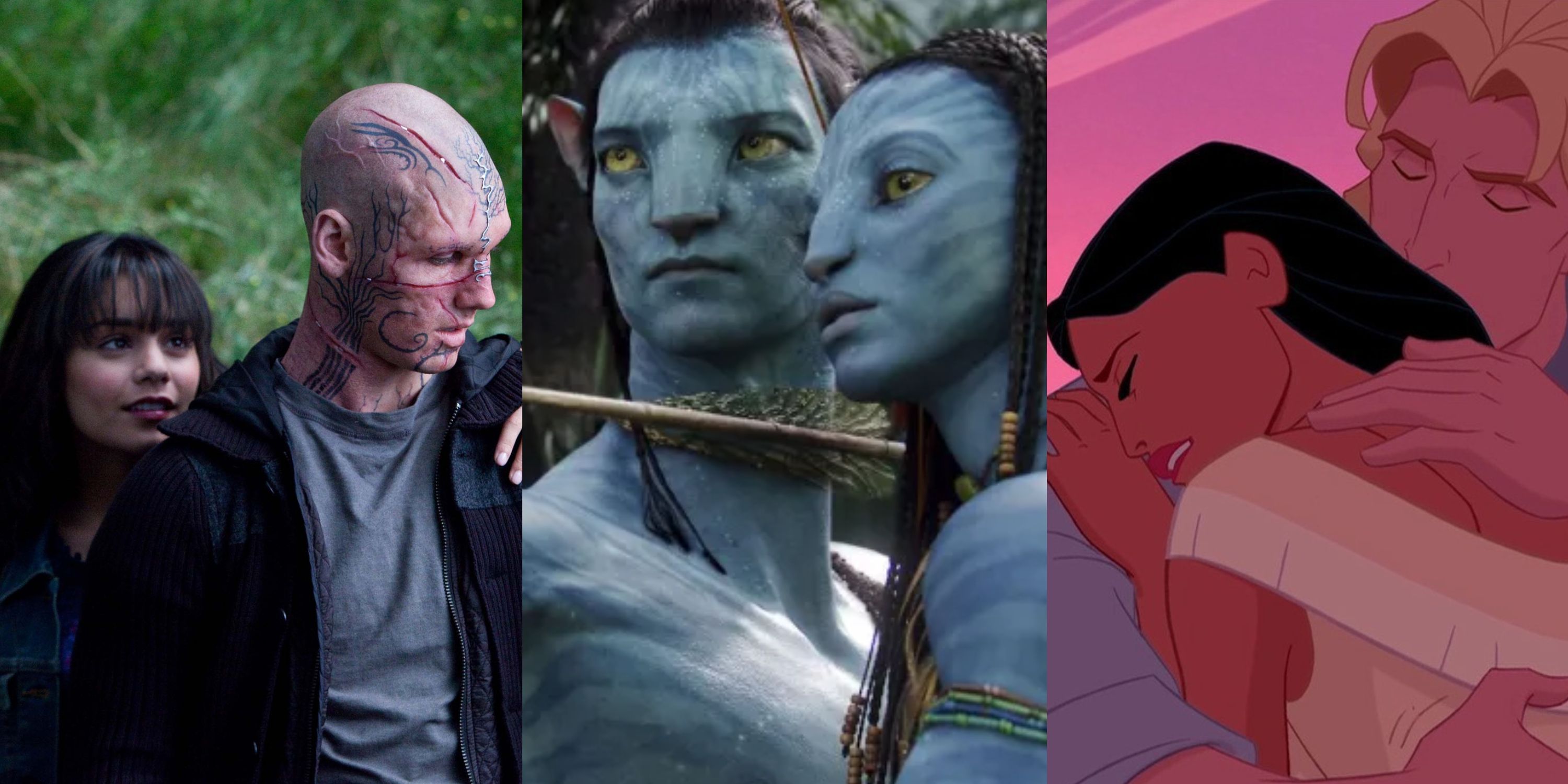 Split image of Beastly's Lindy and Kyle, Avatar's Jake and Neytiri, and Pocahontas and John Smith