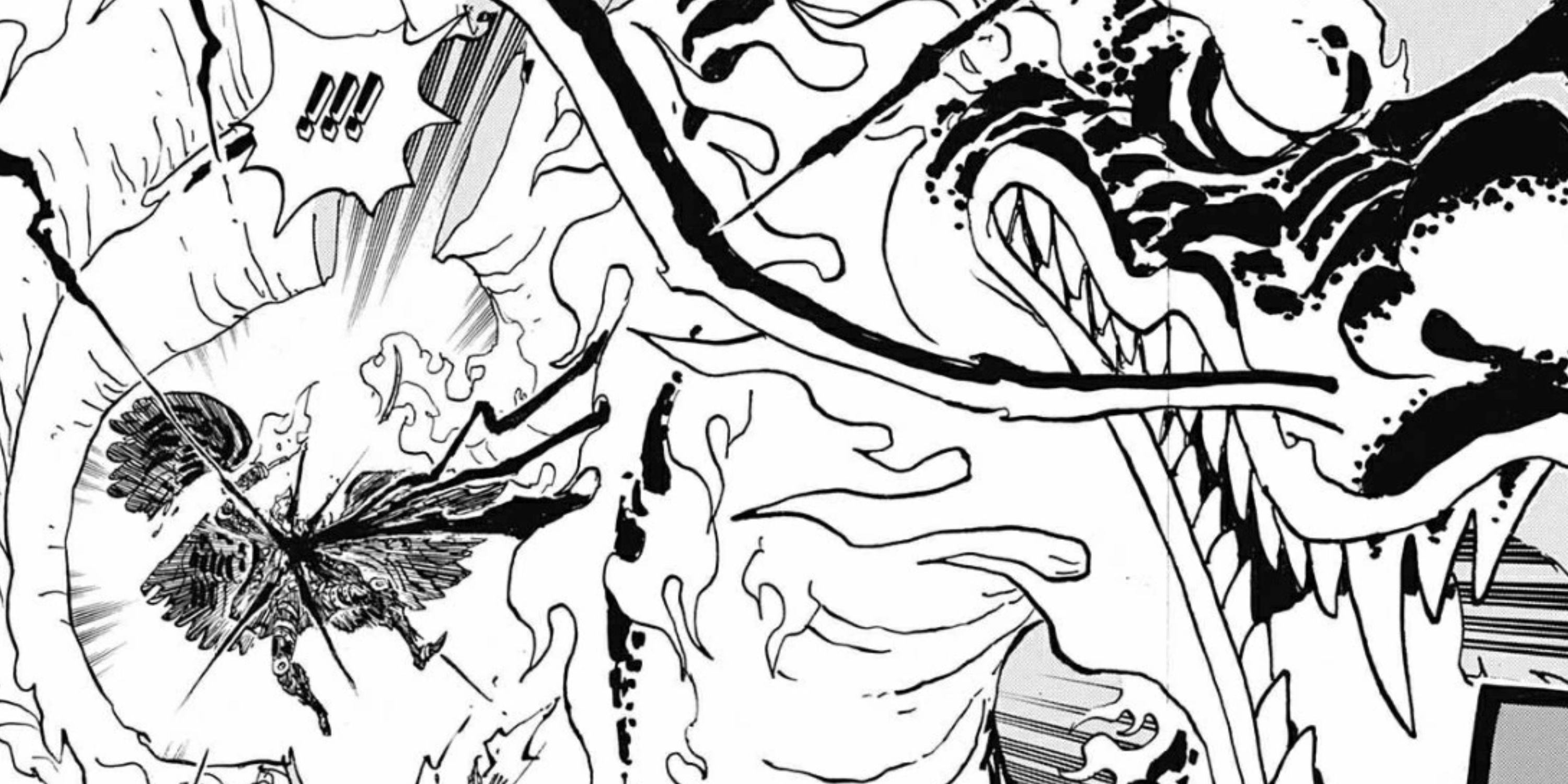 Roronoa Zoro using his King of Hell, Three-Sword Serpent: 103 Mercies Dragon Damnation attack against King the Conflagration during the Raid on Onigashima in One Piece's Wano Country arc
