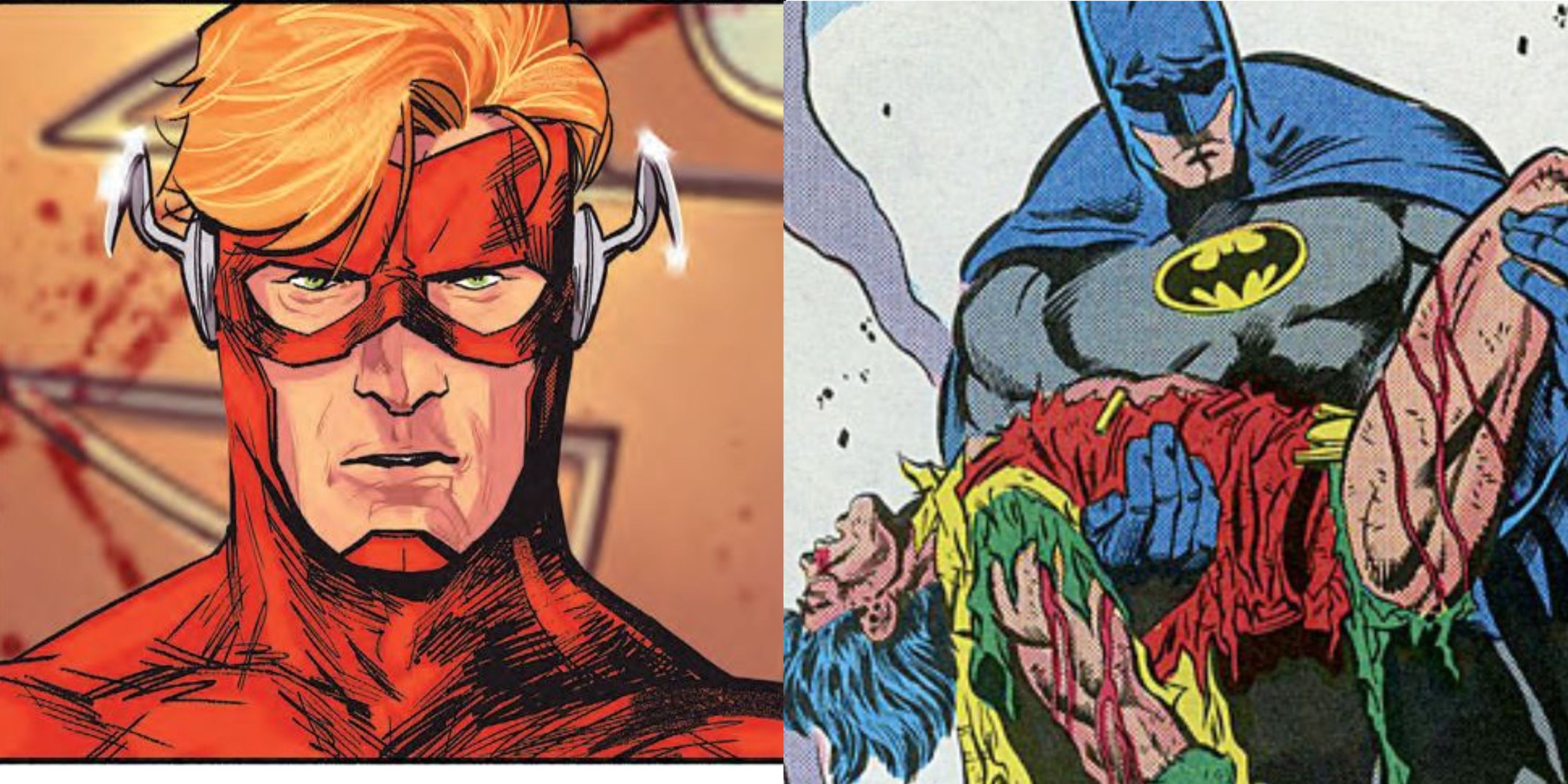 Split image: Wally West in Heroes in Crisis and Batman holding the body of Jason Todd