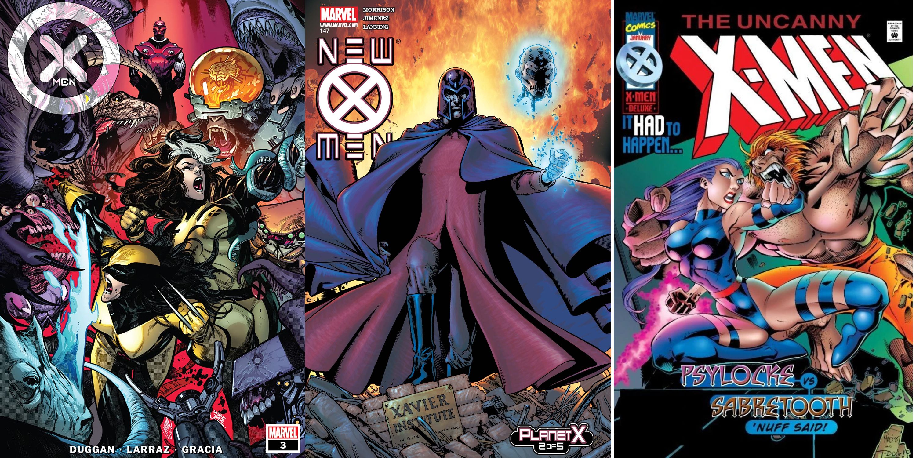 A split image of the covers to X-Men Vol. 6 #3, New X-Men #146, and Uncanny X-Men Vol. 1 #328 from Marvel Comics