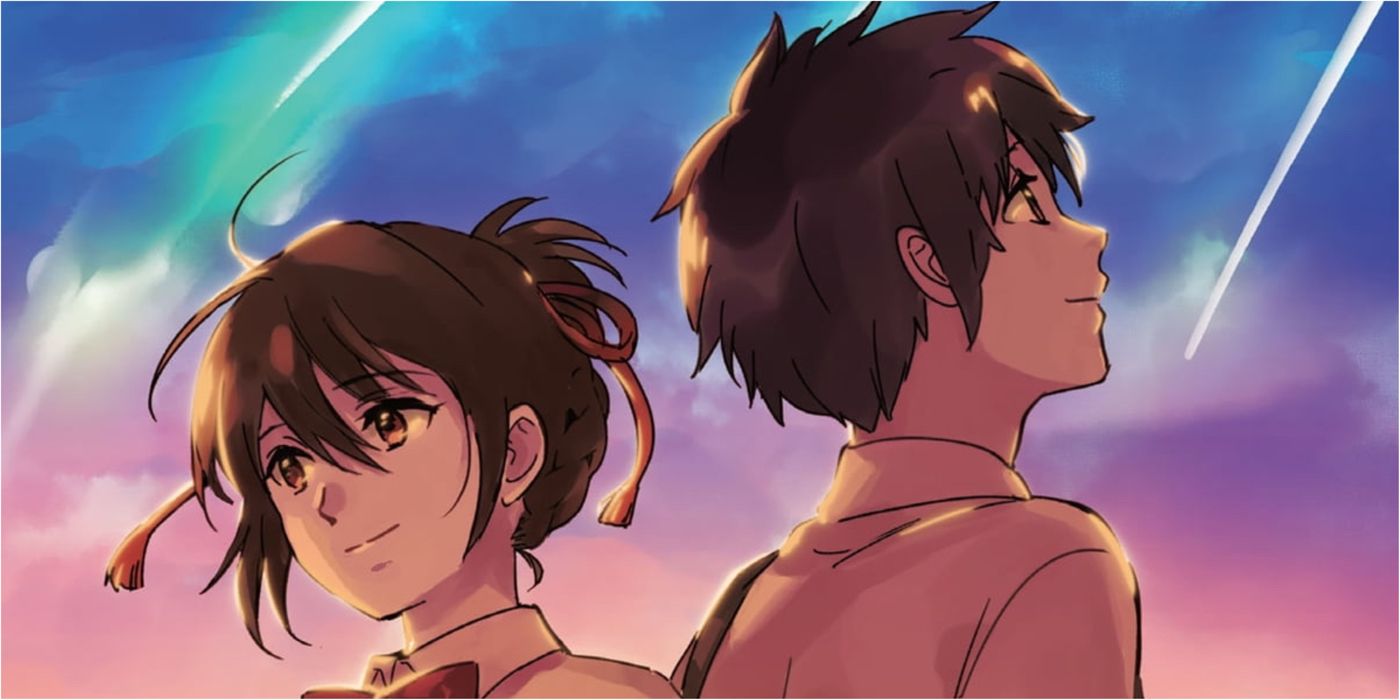 Your Name <b>manga</b> image of Mitsuha and Taki standing back to back.