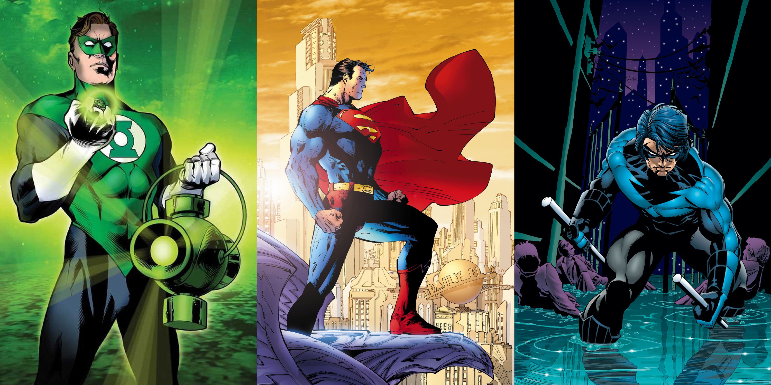 Split image: Hal Jordan with a power battery, Superman standing over Metropolis, and Nightwing in an alley