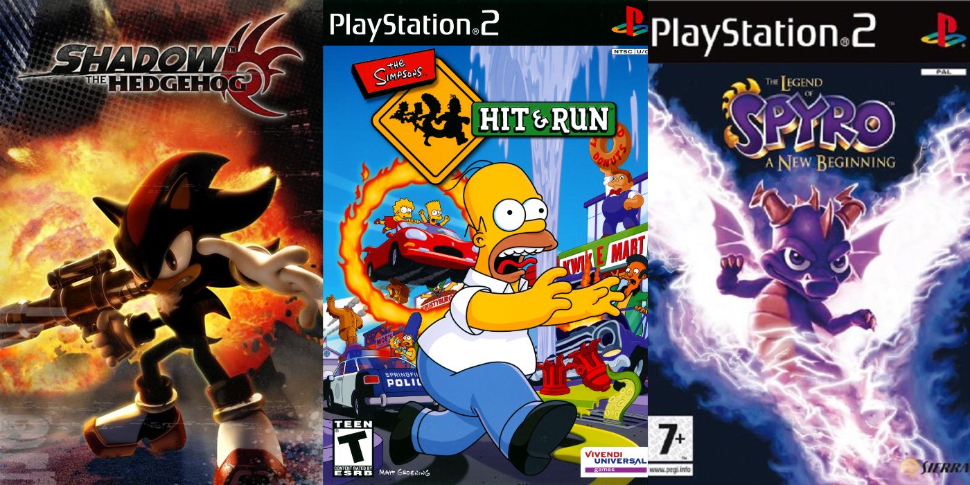 Shadow The Hedgehog poses in front of a fireball with a gun, Homer Simpson runs from a car being driven by Bart and Lisa Simpson, and Spyro gives a determined pose in the middle of some purple lightning.