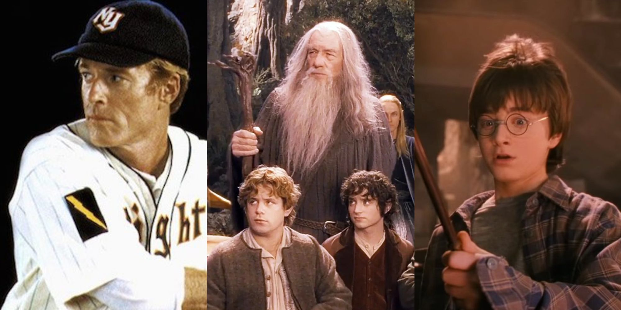 Split Image of Robert Redford in The Natural, Gandolf and Bilbo, Harry Potter with a wand
