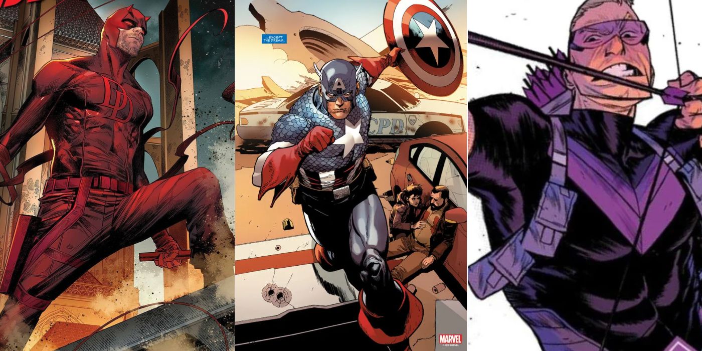 A split image of Daredevil, Captain America, and Hawkeye from Marvel Comics