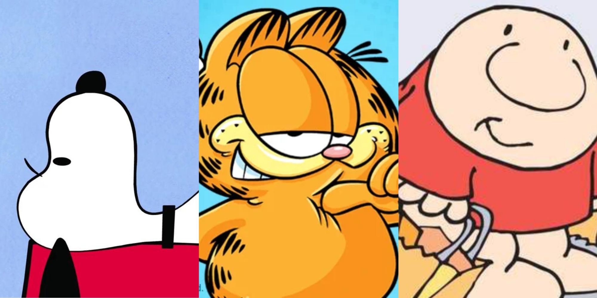 Split colored Image of Snoopy, Garfield, and Ziggy in their comic strips