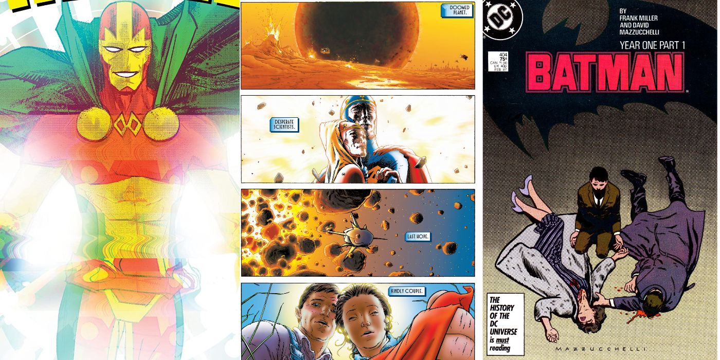 A split image of Mister Miracle, Superman in All-Star Superman, and Bruce Wayne in DC Comics