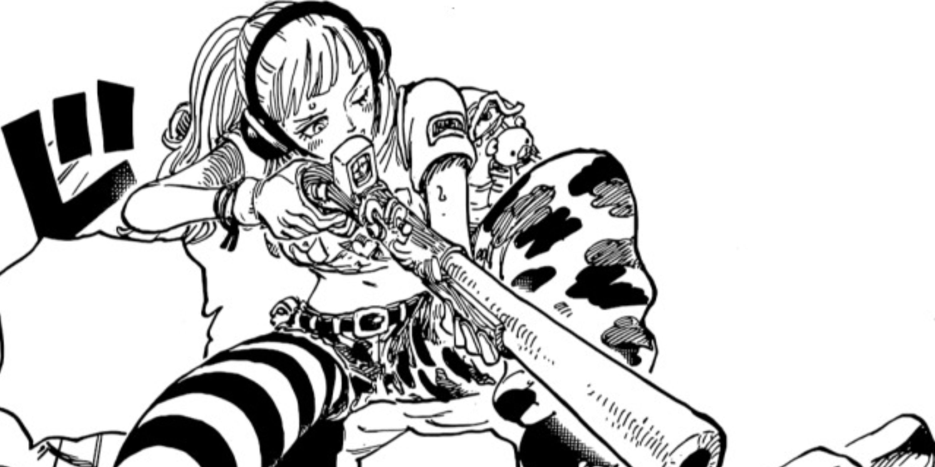 Hibari, uma comandante dos fuzileiros navais e membro da SWORD, usando seu atirador aprimorado pelo Dr. Vegapunk durante o arco Egghead de One Piece