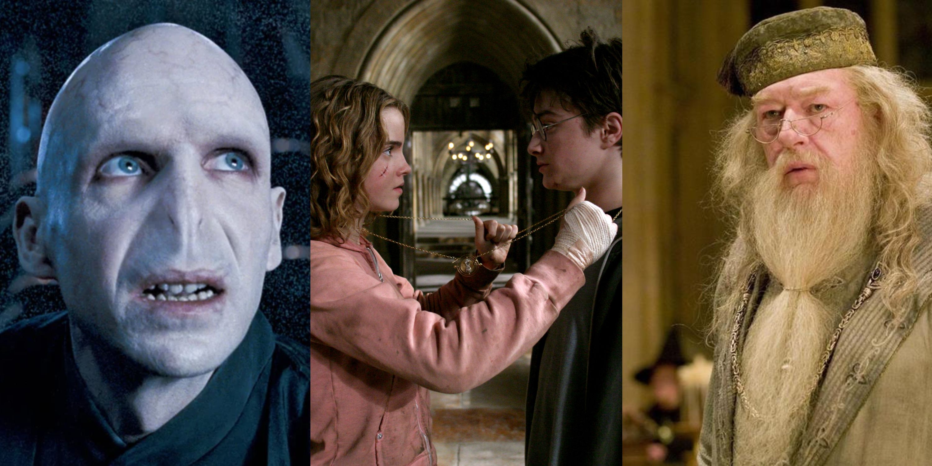 Split image of Voldemort looking right, Hermione and Harry wearing the time turner, and Dumbledore looking left