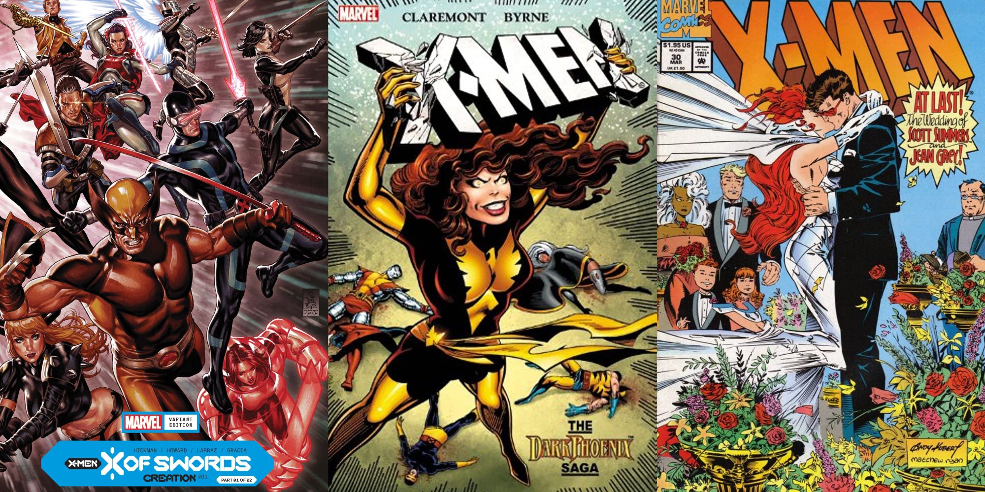 Split Image X of Swords, Dark Phoenix Saga, and Jean Grey and Cyclops Wedding Comic Covers