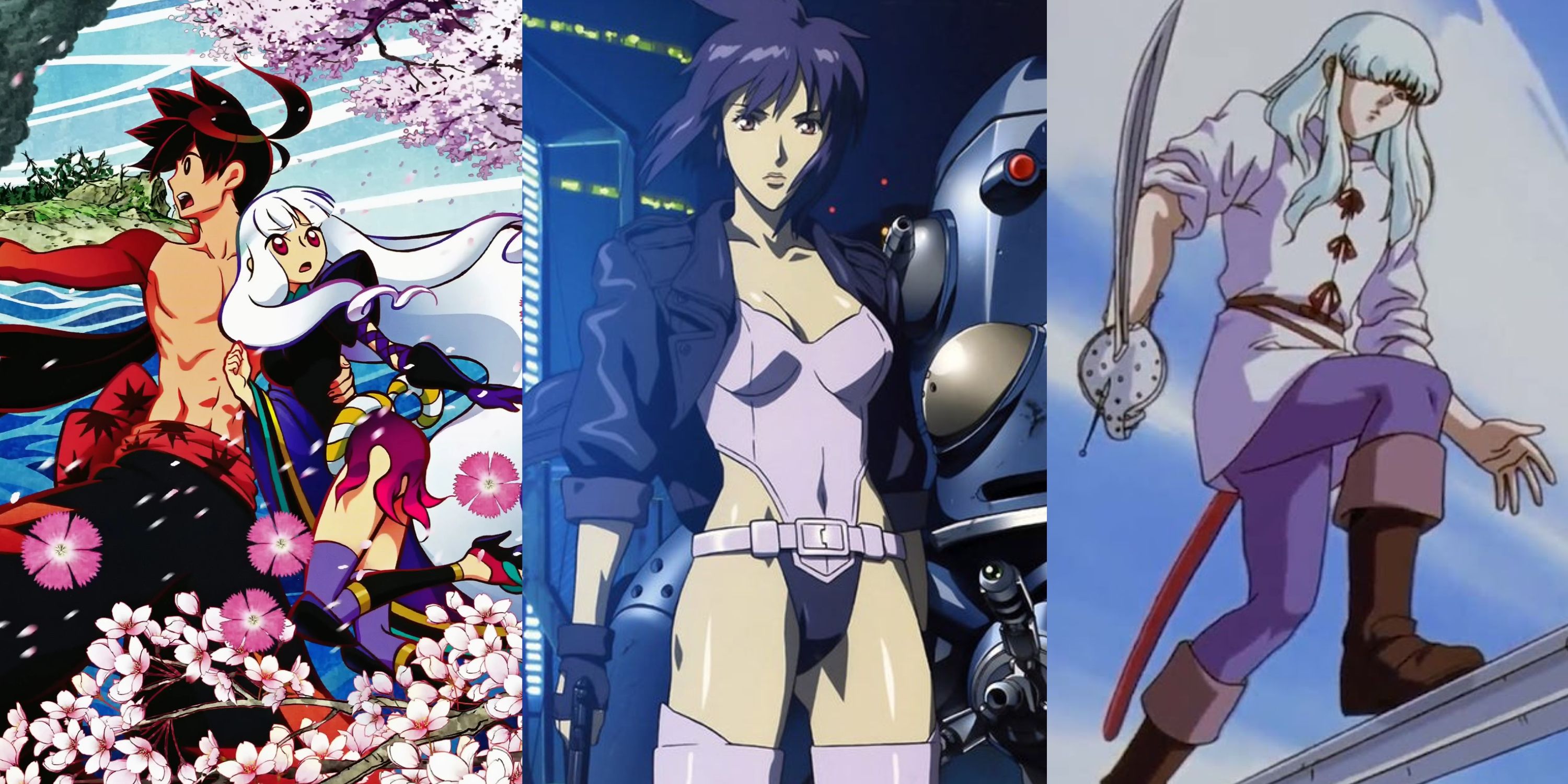 Various still from the Katanagatari, Ghost in the Shell: Stand Alone Complex, and Berserk animes