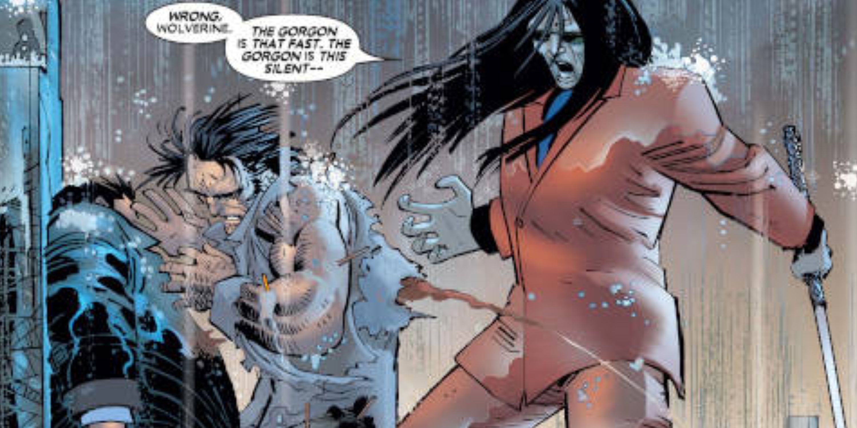 Górgona matando Wolverine em Inimigo do Estado da Marvel Comics.