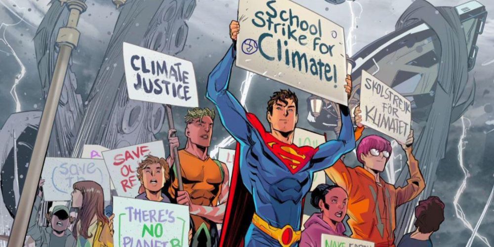 Superman e Jay Nakamura protestando contra as mudanças climáticas