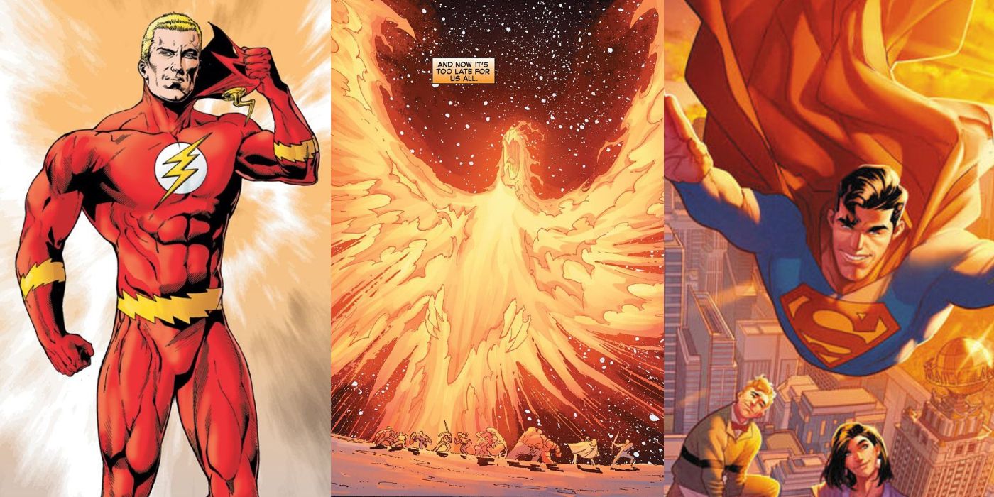 A split image of Barry Allen, the Phoenix Force, and Superman from DC and Marvel Comics