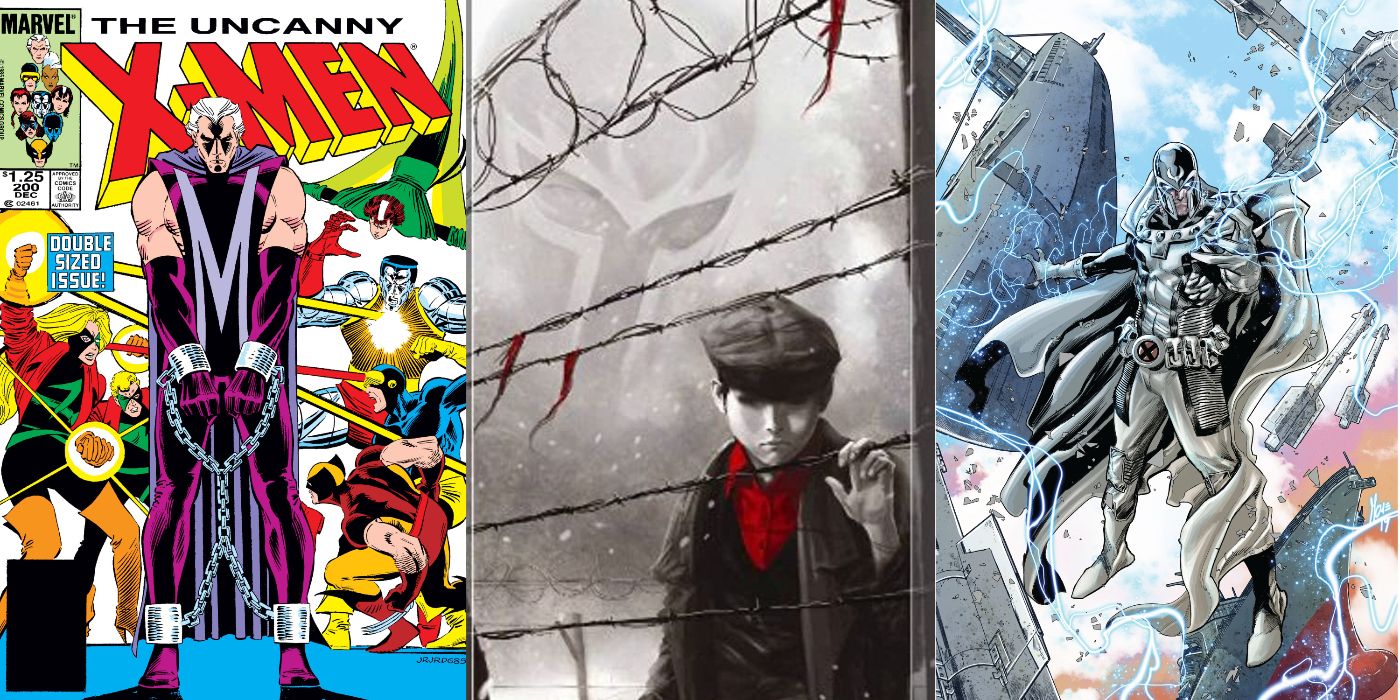 A split image of Uncanny X-Men #200, Young Magneto in Auschwitz, and Krakoa Era Magneto from Marvel Comics