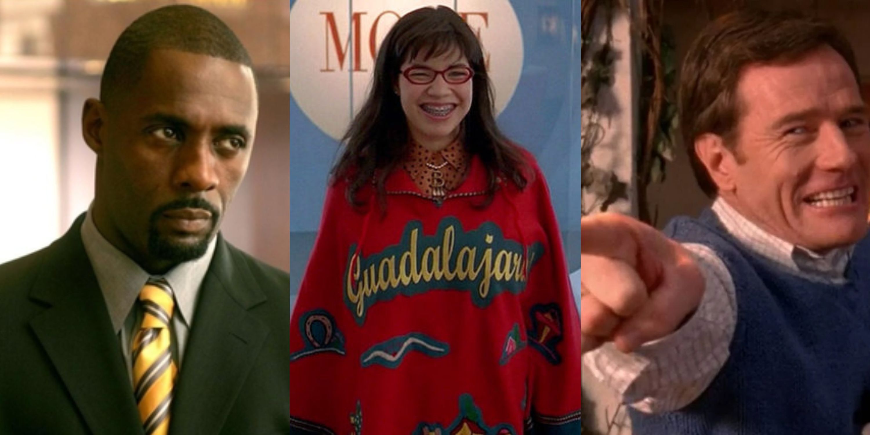 Split image of Stringer Bell in a green suit looking right, Betty Suarez smiling in a poncho, and Hal pointing left while smiling