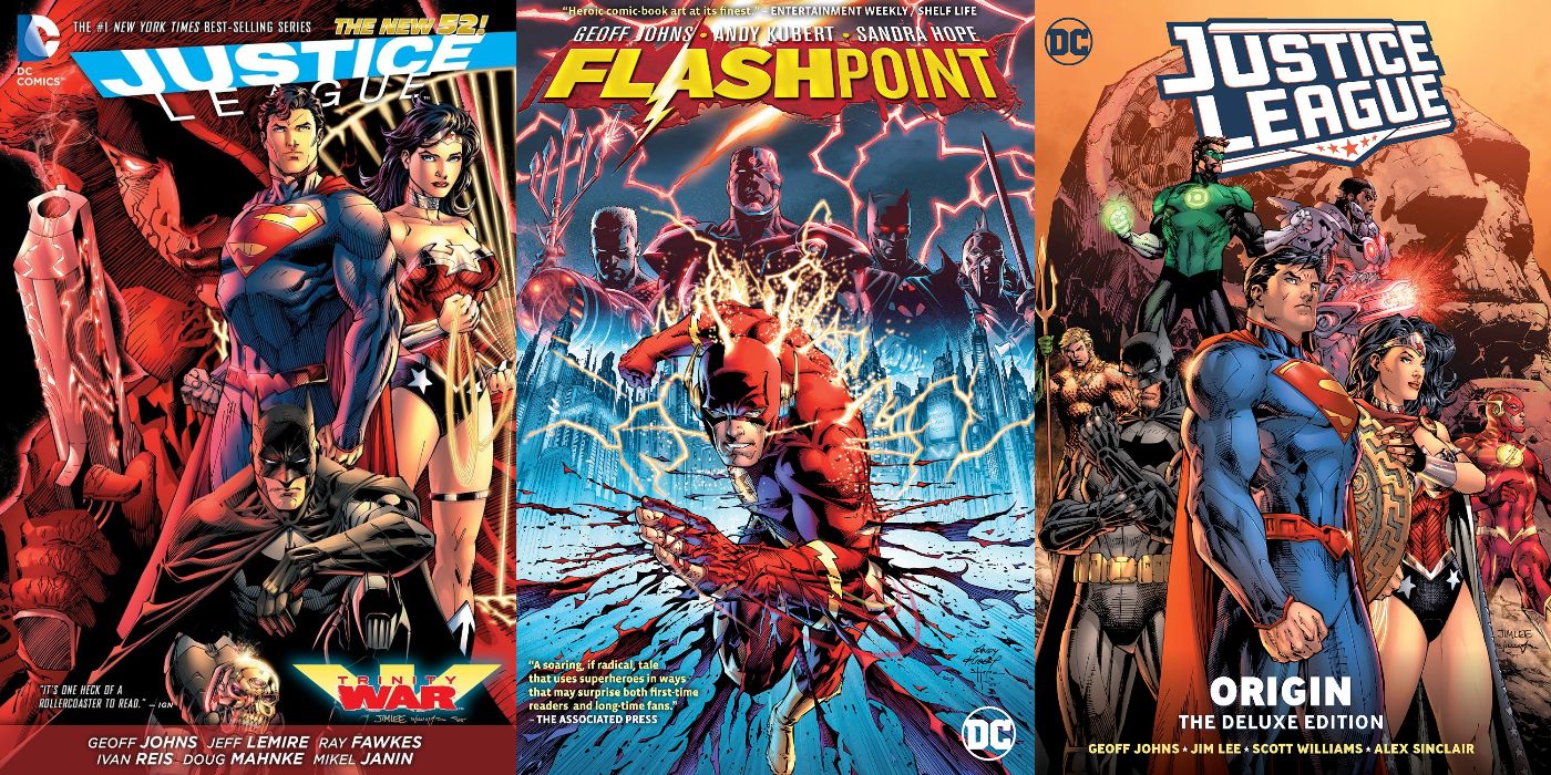 A split image of Justice League: Trinity War, Flashpoint, and Justice League Origin from DC Comics
