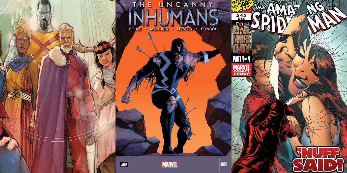 A split image of Age Of X-Man, Uncanny Inhumans, and Spider-Man: One More Day by Marvel Comics
