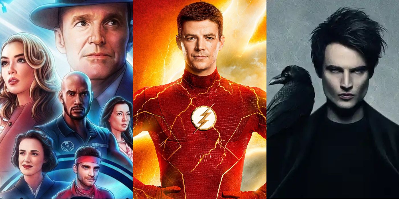 Coulson and his SHIELD agents from Agents Of SHIELD adorn a flashy blue background, Barry Allen/The Flash stands in front of a vibrant lightning strike, and Morpheus poses with his raven Matthew.