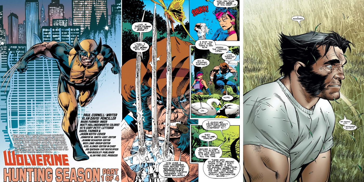 A split image of Wolverine: Hunting Season, Wolverine revealing his bone claws, and Wolverine getting his memory back from Marvel Comics