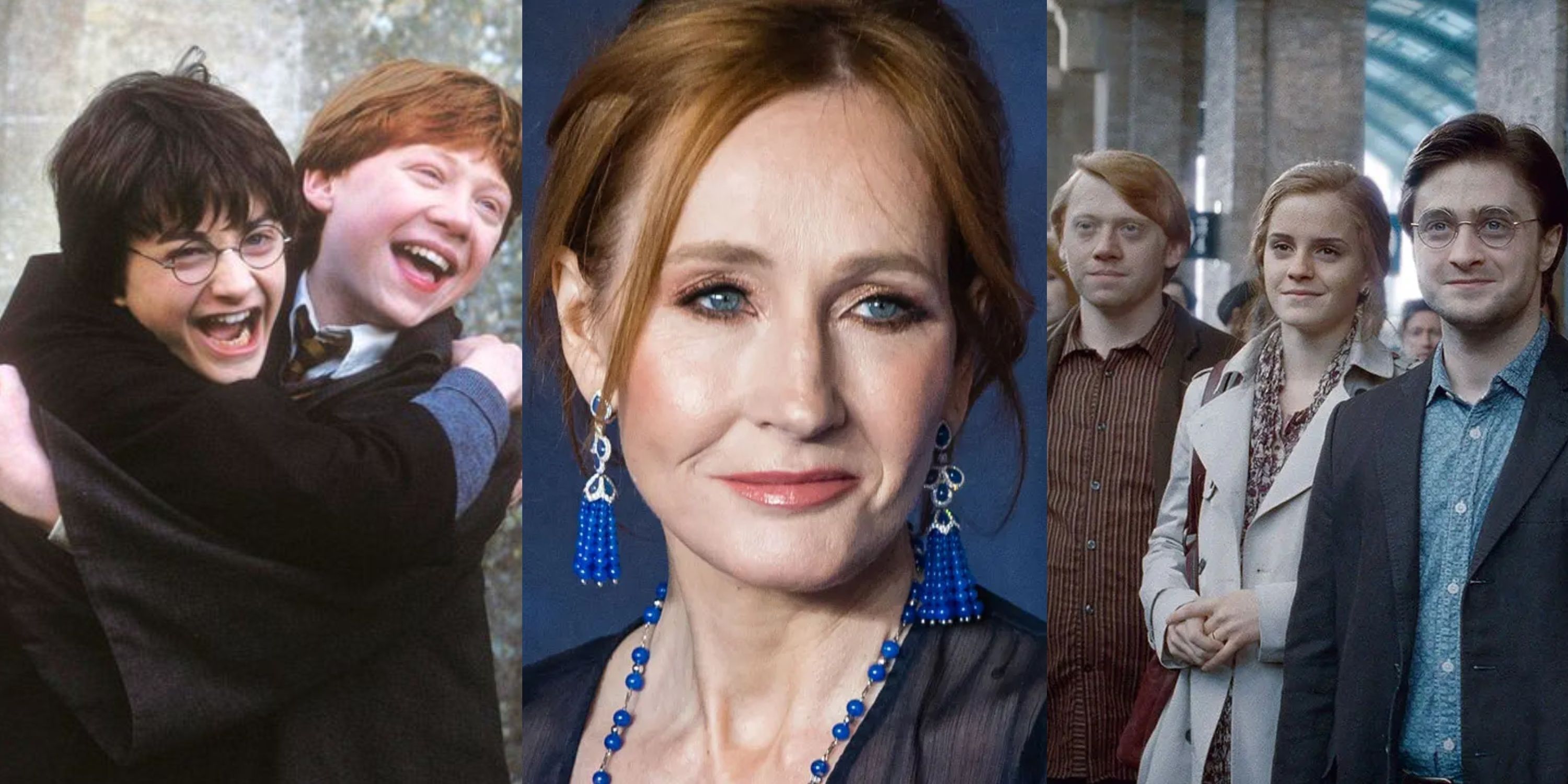 Split image of a young Harry and Ron hugging, J.k. Rowling, and Ron, Hermione, and Harry standing in the epilogue scene