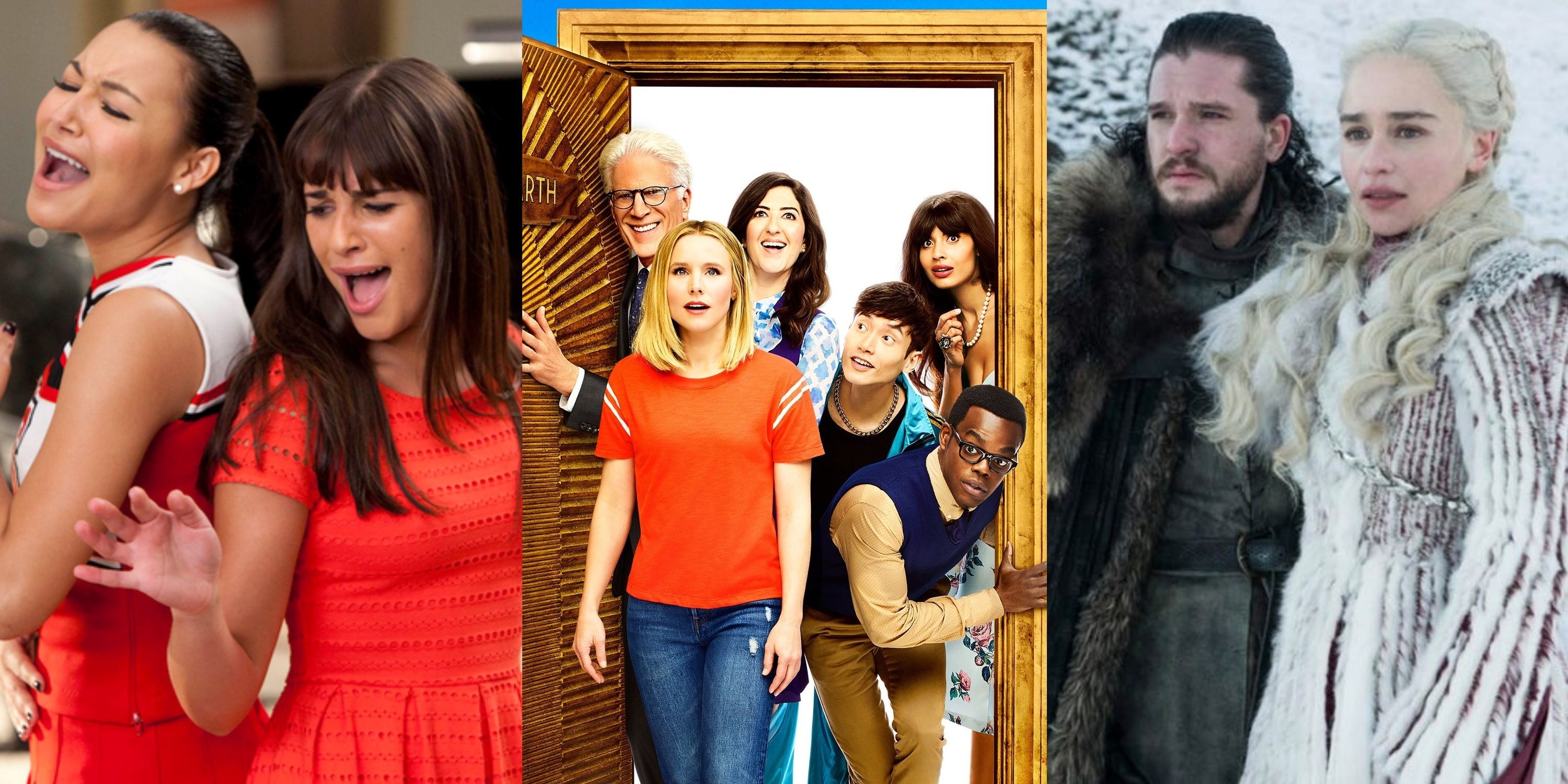 Split image of Santana and Rachel singing back to back, the characters of The Good Place going through a door in awe, and Jon and Daenerys from Game of Thrones looking left