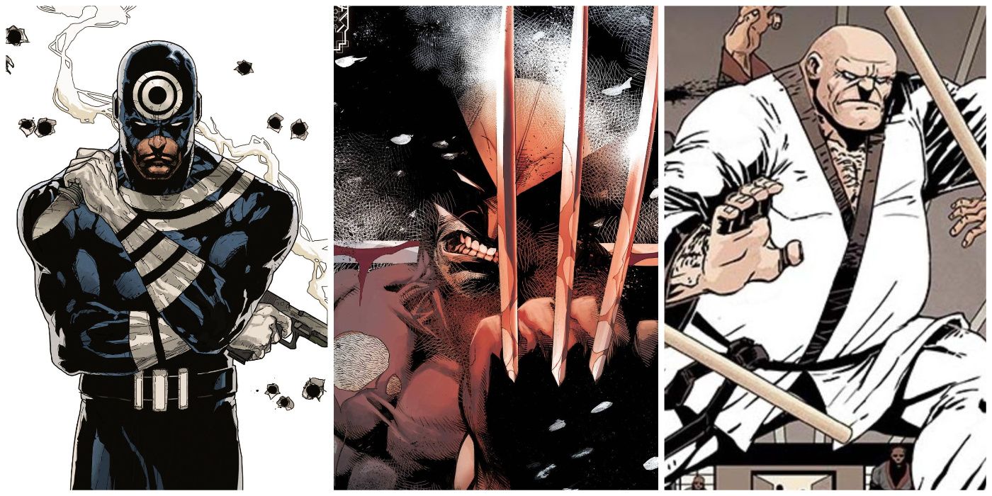 A split image of Bullseye, Wolverine, and Kingpin from Marvel Comics